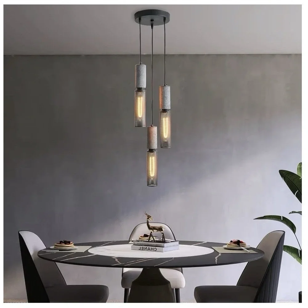 ADCTHOME 3 Light Concrete Linear Pendant Light‎ With A Metal Mesh Shade Modern